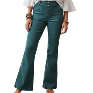 American Eagle Green Super High Rise Flare Stretchy Corduroy Pants Size 14